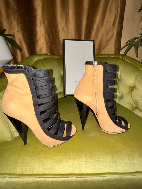 Gucci Brown/Black Suede and Fabric Olimpia Strappy Ankle Boots Size 38 - Picture 5 of 11